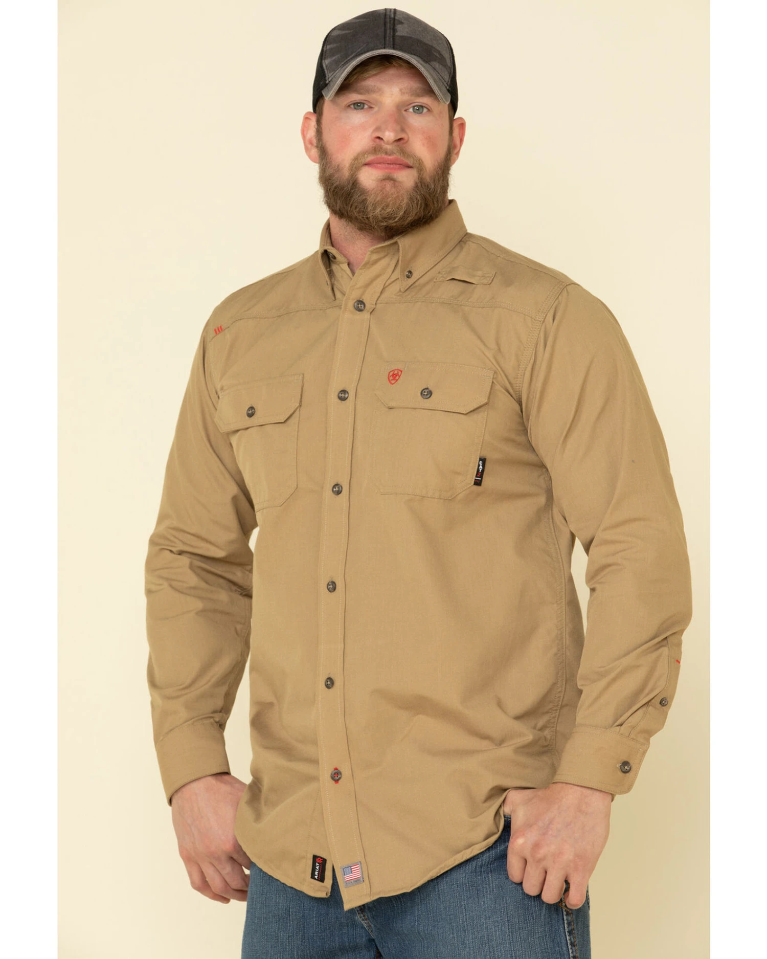 Ariat Men's Khaki FR Solid Featherlight Long Sleeve Work Shirt 3 Ariat Men's Khaki FR Solid Featherlight Long Sleeve Work Shirt