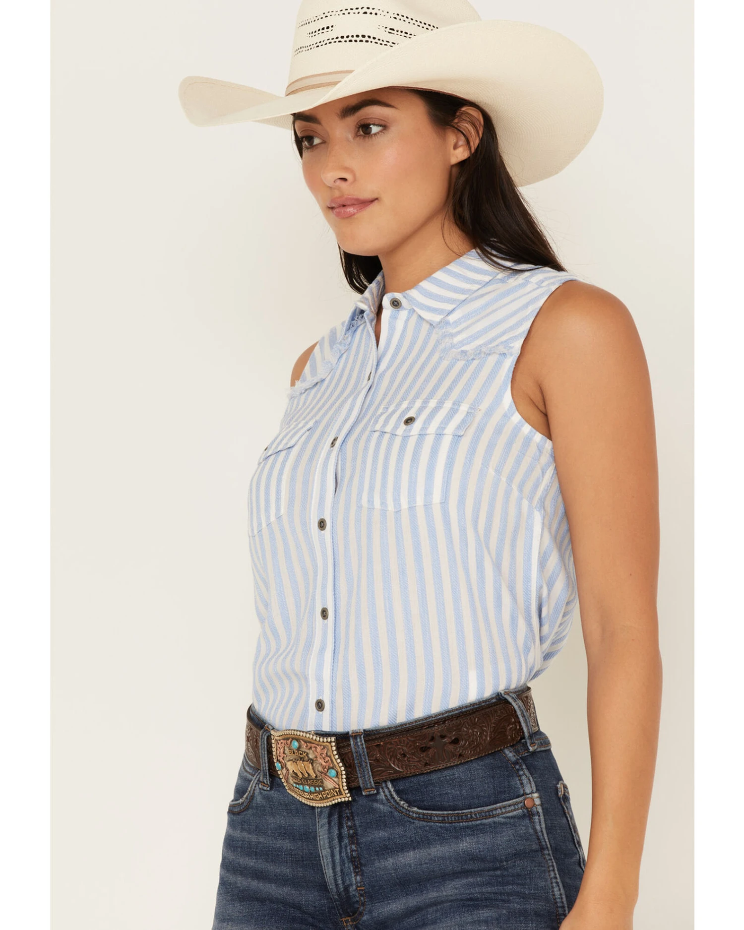 Ariat Women's Stripe Print Boom Boom Sleeveless Snap Western Shirt 4 Ariat Women's Stripe Print Boom Boom Sleeveless Snap Western Shirt - Image 2
